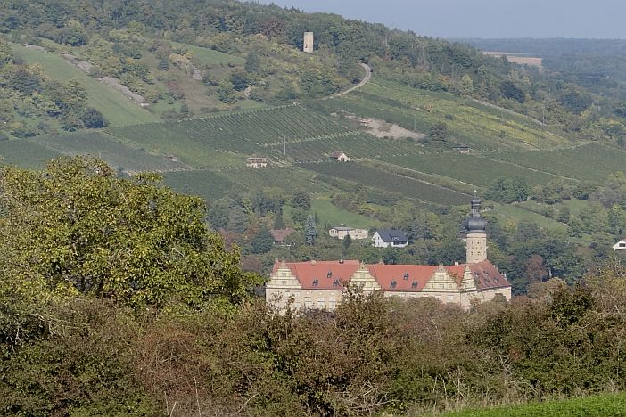 Schlossgebäude mit Blumen im Vordergrund